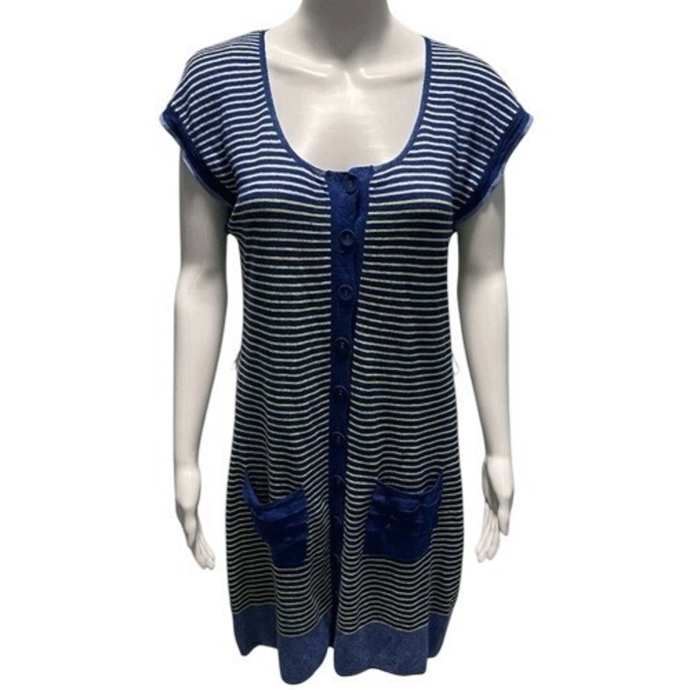 Nanette Lepore Heartbeat Blue Yellow‎ Striped Linen Blend Dress Ruffle Pockets S